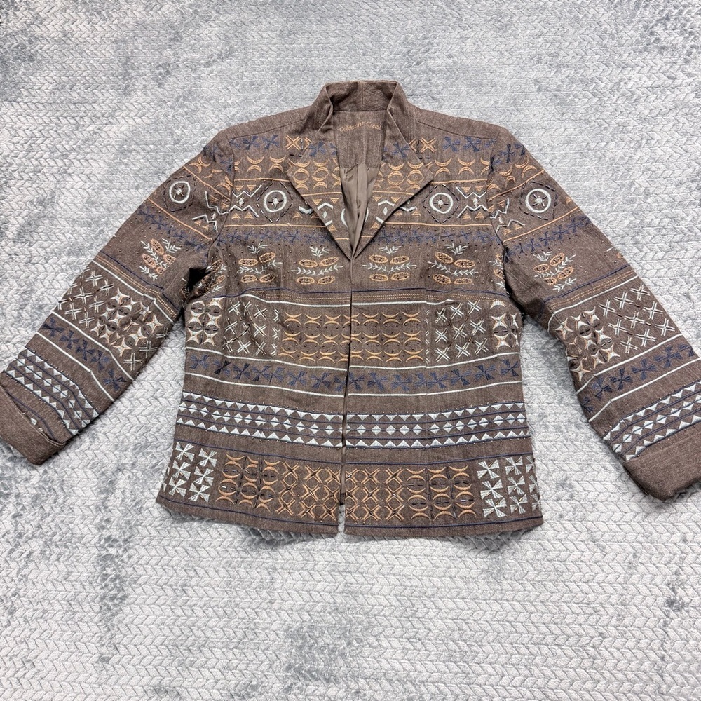 Coldwater Creek Vintage Embroidered Brown Cotton Blend Blazer Jacket Size 12